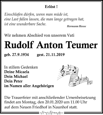Traueranzeige von Rudolf Anton Teumer von Mitteldeutsche Zeitung Halle/Saalkreis