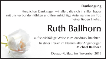 Traueranzeige von Ruth Ballhorn von Mitteldeutsche Zeitung Dessau-Roßlau