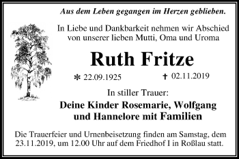 Traueranzeige von Ruth Fritze von Super Sonntag Dessau-Roßlau