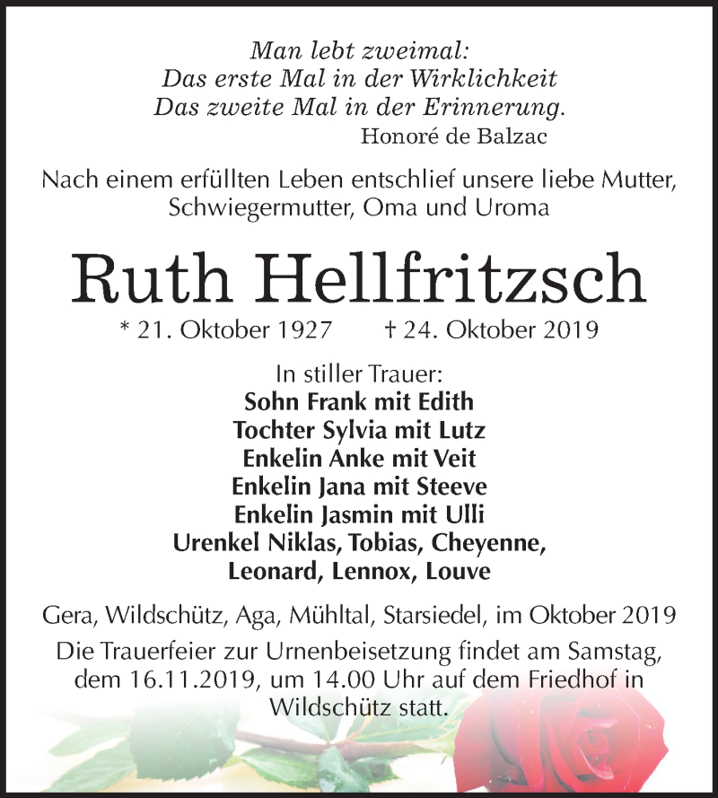  Traueranzeige für Ruth Hellfritzsch vom 02.11.2019 aus Mitteldeutsche Zeitung Weißenfels