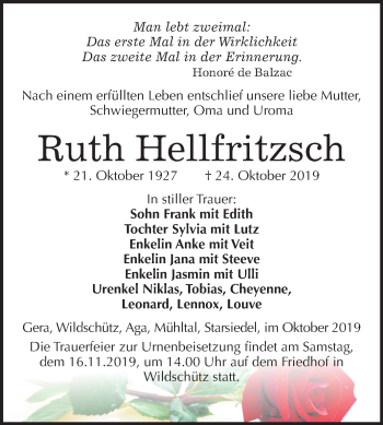 Traueranzeige von Ruth Hellfritzsch von Wochenspiegel Weißenfels