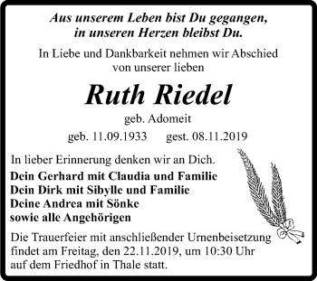 Traueranzeige von Ruth Riedel von Mitteldeutsche Zeitung Quedlinburg