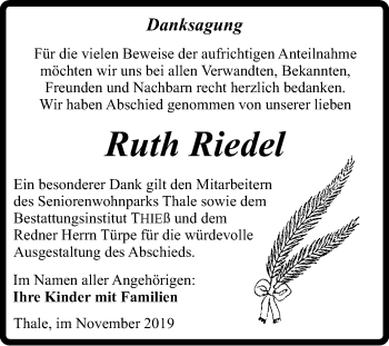 Traueranzeige von Ruth Riedel von Super Sonntag Quedlinburg