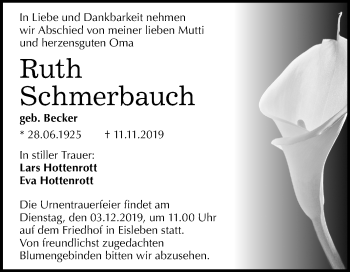 Traueranzeige von Ruth Schmerbauch von Wochenspiegel Mansfelder Land