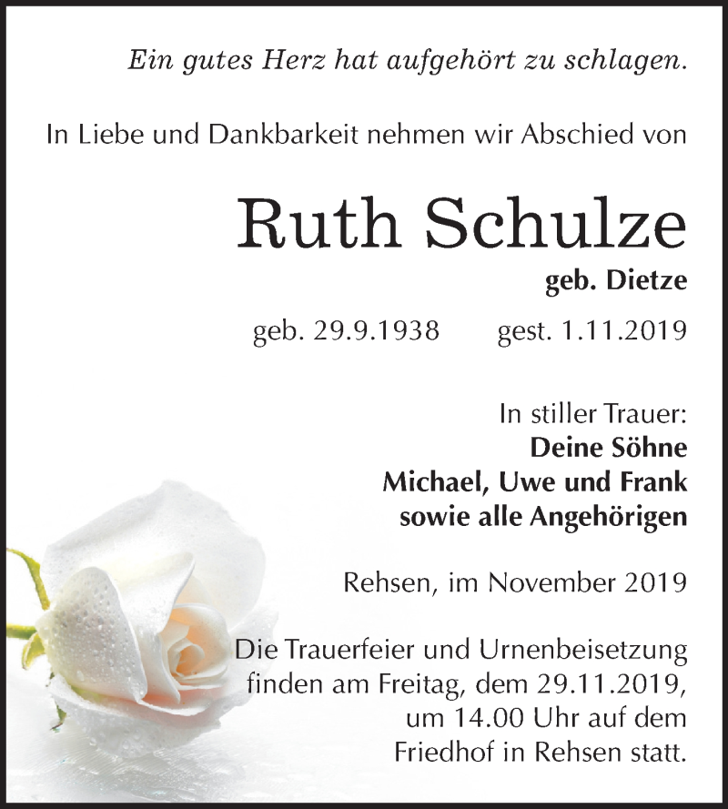  Traueranzeige für Ruth Schulze vom 16.11.2019 aus Super Sonntag Wittenberg