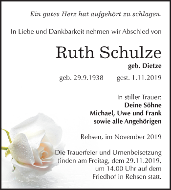 Traueranzeige von Ruth Schulze von Super Sonntag Wittenberg