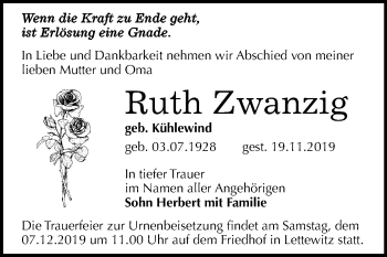 Traueranzeige von Ruth Zwanzig von Mitteldeutsche Zeitung Halle/Saalkreis