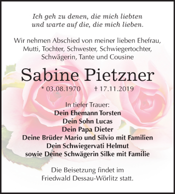 Traueranzeige von Sabine Pietzner von Super Sonntag Wittenberg