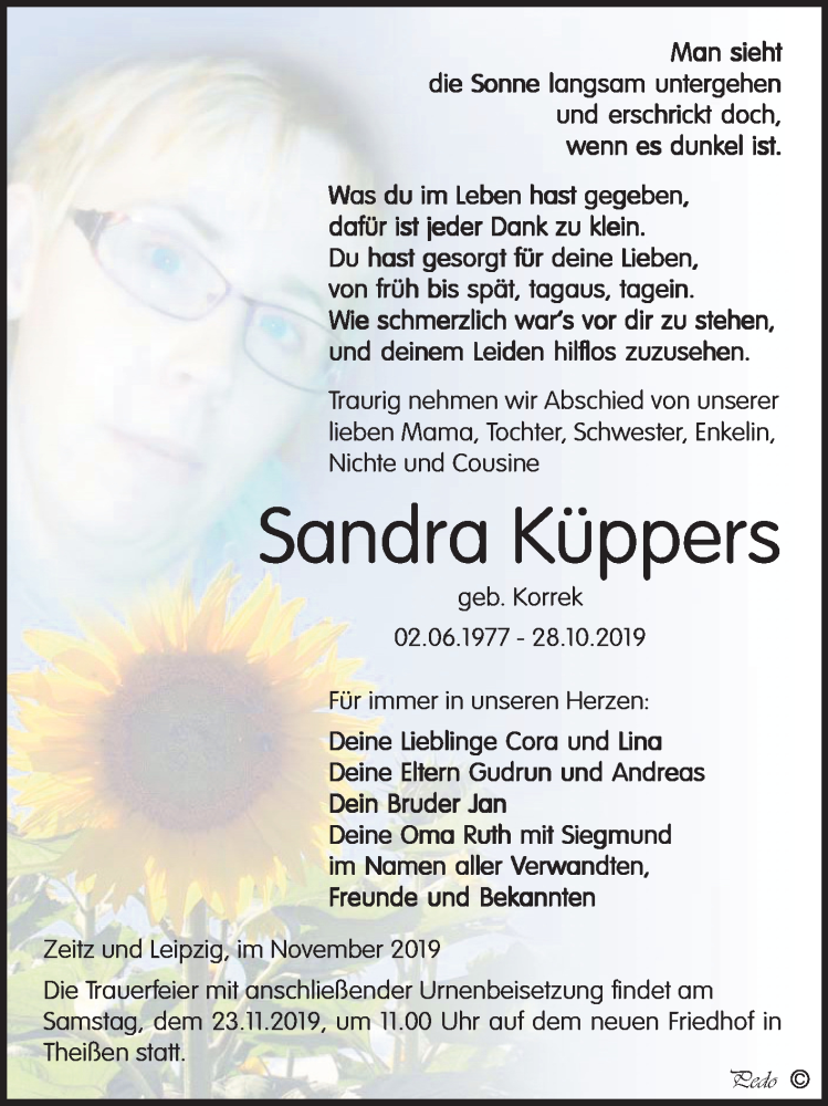  Traueranzeige für Sandra Köppers vom 09.11.2019 aus Super Sonntag Zeitz