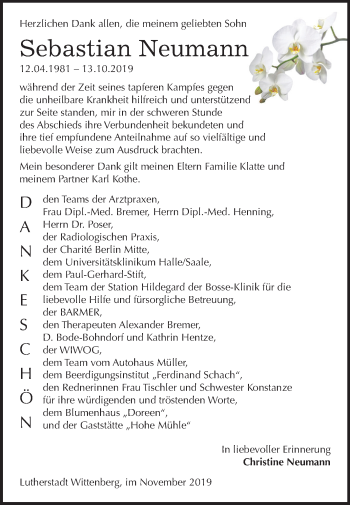 Traueranzeige von Sebastian Neumann von Mitteldeutsche Zeitung Wittenberg