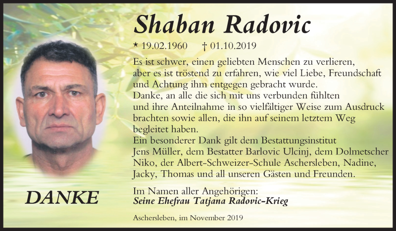 Traueranzeige für Shaban Radovic vom 02.11.2019 aus Super Sonntag Aschersleben