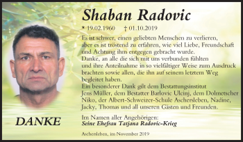 Traueranzeige von Shaban Radovic von Mitteldeutsche Zeitung Aschersleben