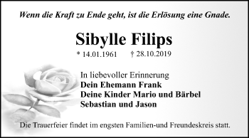 Traueranzeige von Sibylle Filips von Mitteldeutsche Zeitung Dessau-Roßlau