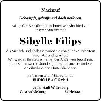 Traueranzeige von Sibylle Filips von Wochenspiegel Dessau-Roßlau