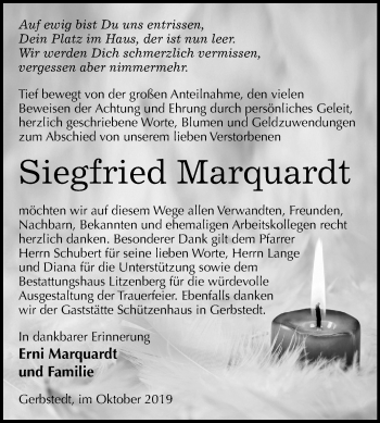 Traueranzeige von Siegfried Marquardt von Super Sonntag Mansfelder Land