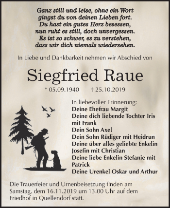 Traueranzeige von Siegfried Raue von Super Sonntag Köthen