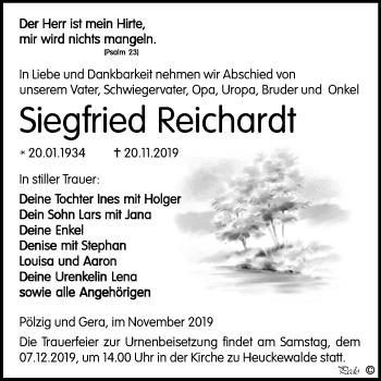 Traueranzeige von Siegfried Reichardt von Super Sonntag Zeitz