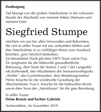 Traueranzeige von Siegfried Stumpe von Super Sonntag Aschersleben