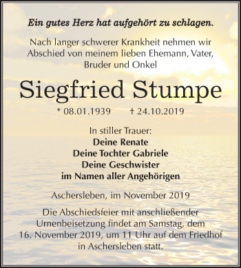 Traueranzeige von Siegfried Stumpe von Super Sonntag Aschersleben