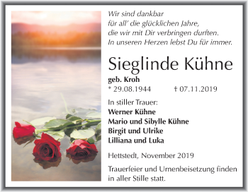Traueranzeige von Sieglinde Kühne von Mitteldeutsche Zeitung Mansfelder Land