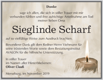 Traueranzeige von Sieglinde Scharf von Mitteldeutsche Zeitung Merseburg/Querfurt