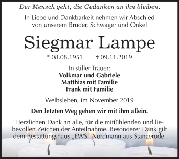 Traueranzeige von Siegmar Lampe von Super Sonntag Mansfelder Land