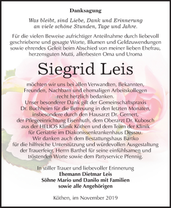 Traueranzeige von Siegrid Leis von Super Sonntag Köthen
