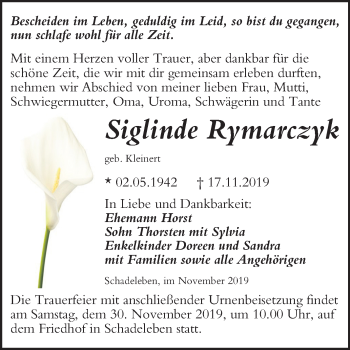 Traueranzeige von Siglinde Rymarczyk von Mitteldeutsche Zeitung Aschersleben