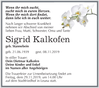 Traueranzeige von Sigrid Kalkofen von Super Sonntag Merseburg/Querfurt