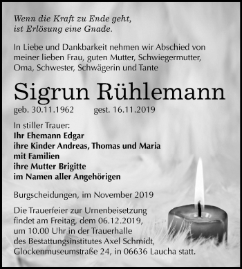 Traueranzeige von Sigrun Rühlemann von Wochenspiegel Naumburg/Nebra