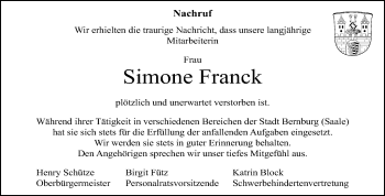 Traueranzeige von Simone Franck von Super Sonntag Bernburg