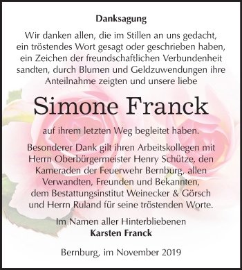 Traueranzeige von Simone Franck von Mitteldeutsche Zeitung Bernburg
