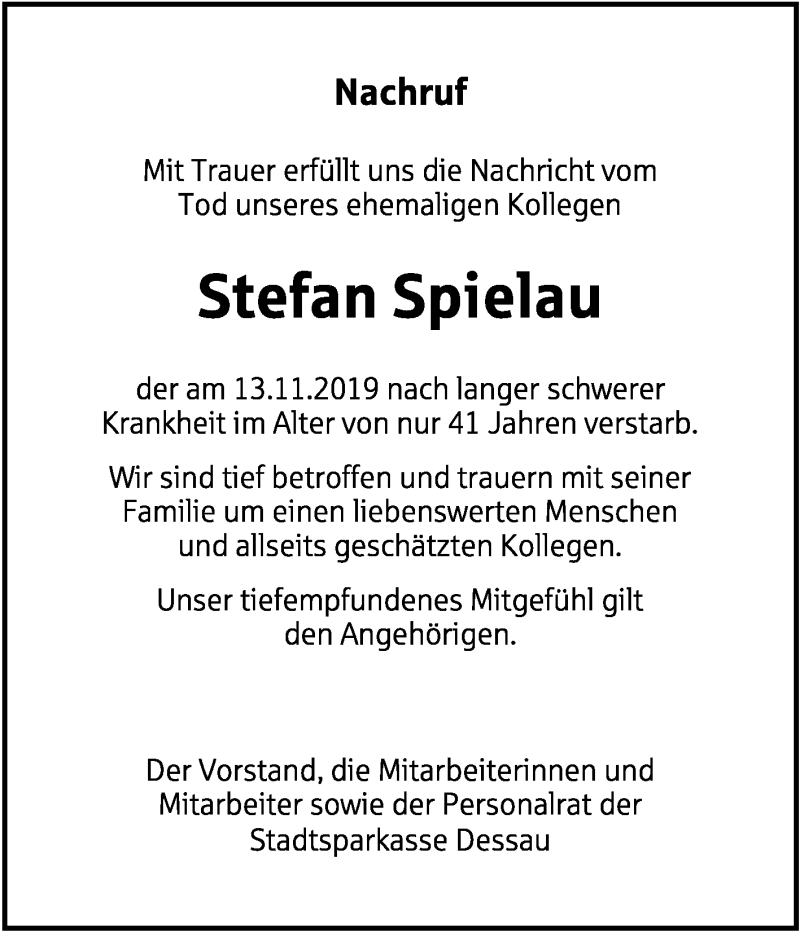  Traueranzeige für Stefan Spielau vom 30.11.2019 aus Mitteldeutsche Zeitung Dessau-Roßlau