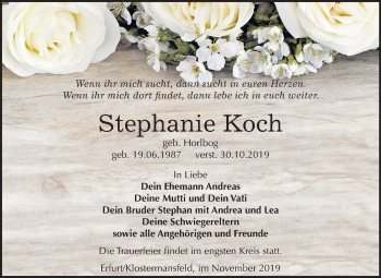 Traueranzeige von Stephanie Koch von Super Sonntag Mansfelder Land