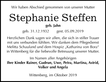 Traueranzeige von Stephanie Steffen von Mitteldeutsche Zeitung Wittenberg