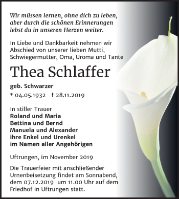 Traueranzeige von Thea Schlaffer von Mitteldeutsche Zeitung Sangerhausen