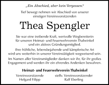 Traueranzeige von Thea Spengler von Wochenspiegel Naumburg/Nebra