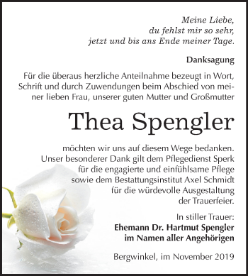 Traueranzeige von Thea Spengler von Mitteldeutsche Zeitung Naumburg/Nebra