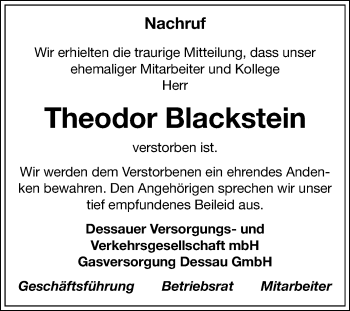Traueranzeige von Theodor Blackstein von Super Sonntag Dessau-Roßlau