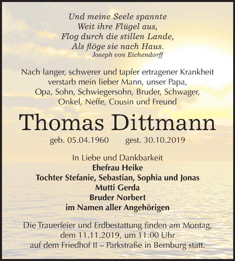  Traueranzeige für Thomas Dittmann vom 06.11.2019 aus Mitteldeutsche Zeitung Bernburg