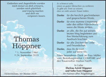 Traueranzeige von Thomas Höppner von Wochenspiegel Weißenfels