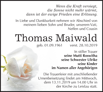 Traueranzeige von Thomas Maiwald von Mitteldeutsche Zeitung Naumburg/Nebra