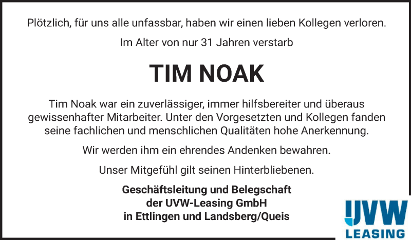  Traueranzeige für Tim Noak vom 20.11.2019 aus Wochenspiegel Naumburg/Nebra