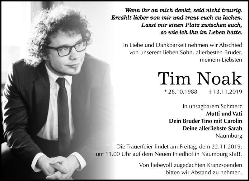  Traueranzeige für Tim Noak vom 20.11.2019 aus Wochenspiegel Naumburg/Nebra
