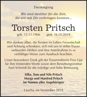 Traueranzeige von Torsten Pritsch von Wochenspiegel Naumburg/Nebra