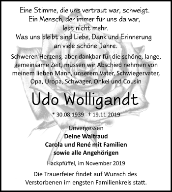Traueranzeige von Udo Wolligandt von Mitteldeutsche Zeitung Sangerhausen