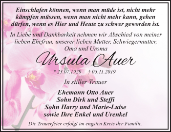 Traueranzeige von Ursula Auer von Mitteldeutsche Zeitung Dessau-Roßlau