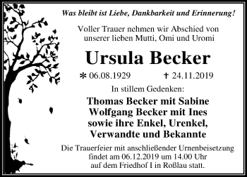 Traueranzeige von Ursula Becker von Mitteldeutsche Zeitung Dessau-Roßlau