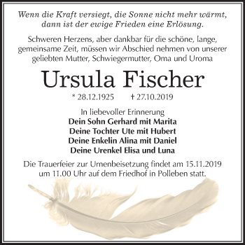 Traueranzeige von Ursula Fischer von Mitteldeutsche Zeitung Mansfelder Land