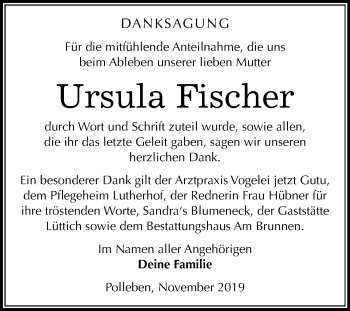 Traueranzeige von Ursula Fischer von Wochenspiegel Mansfelder Land